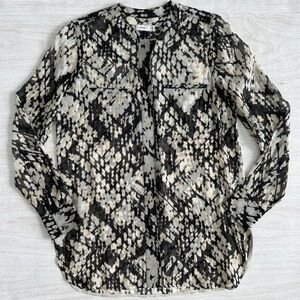VINCE 100% Silk Sheer Snake Print Long Sleeve Button Up Blouse Top Black Beige 4